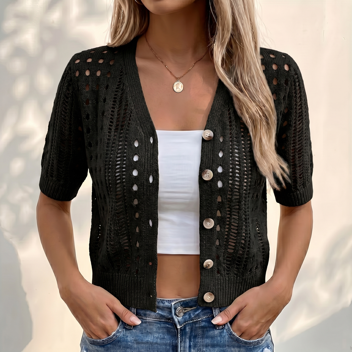 V-Neck Short-Sleeve Knit Cardigan