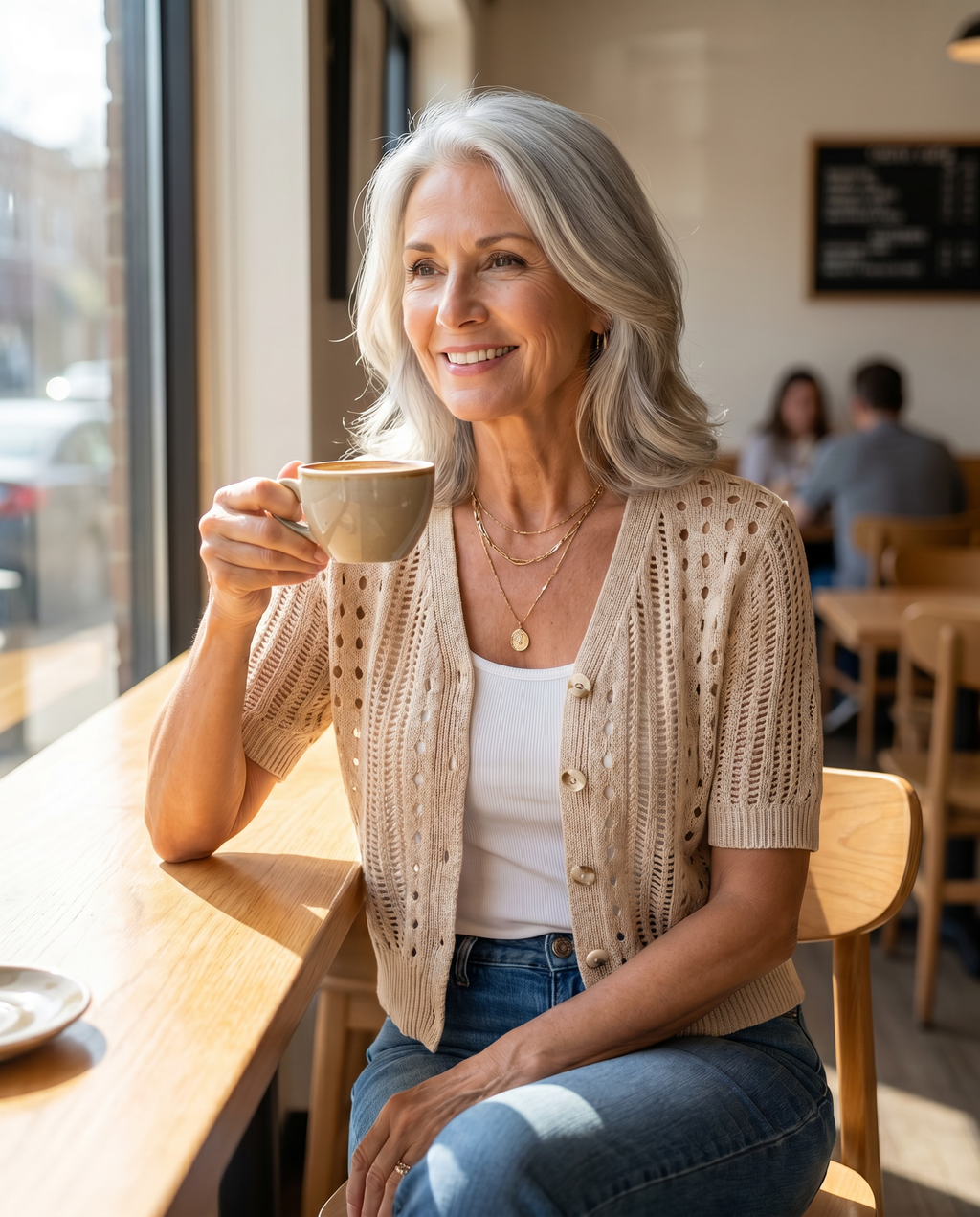 Beige women's short-sleeve knit cardigan styled casually at a café, summer outfit