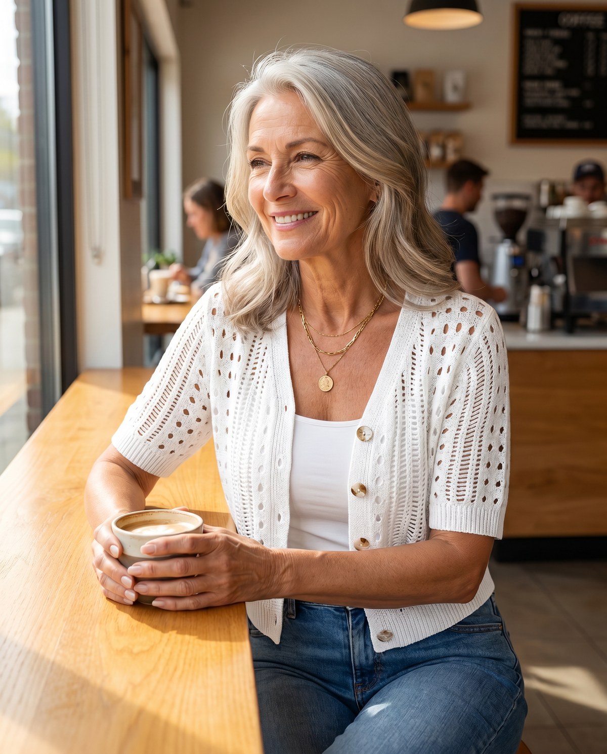 White women's short-sleeve knit cardigan styled with jeans at a café, summer outfit