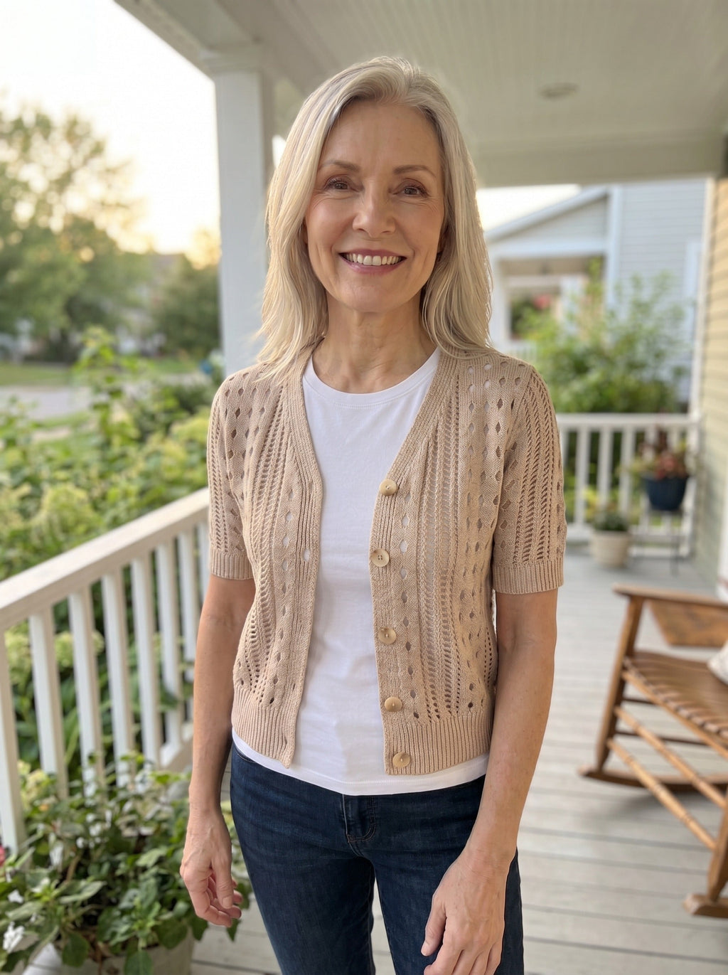 V-Neck Short-Sleeve Knit Cardigan