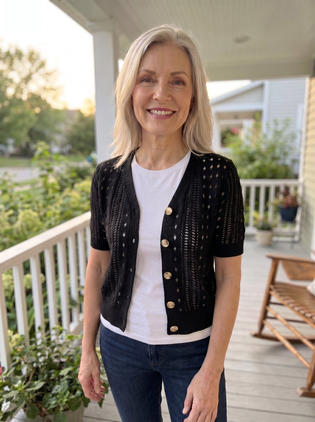 V-Neck Short-Sleeve Knit Cardigan